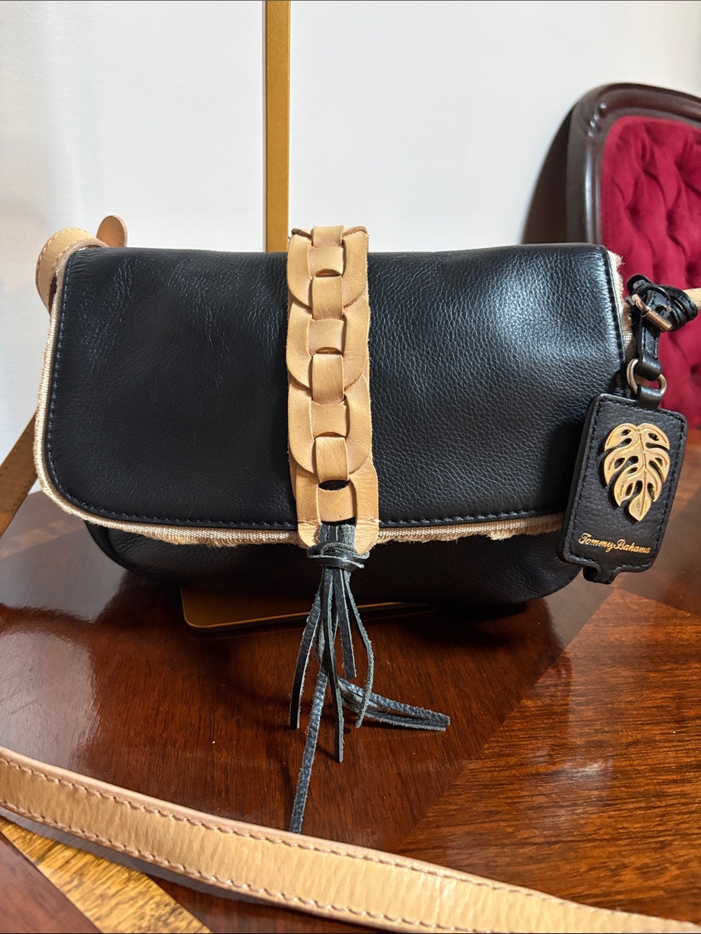 Tommy Bahama Black and Tan Braided Accent Leather Crossbody